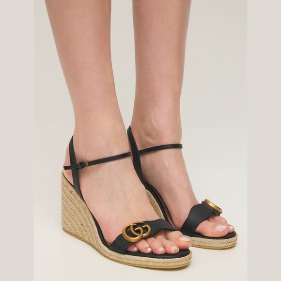 NWT Gucci 85mm GG Platform Espadrilles Sandal Beige Jute Wedge Black Leather - Picture 2 of 12
